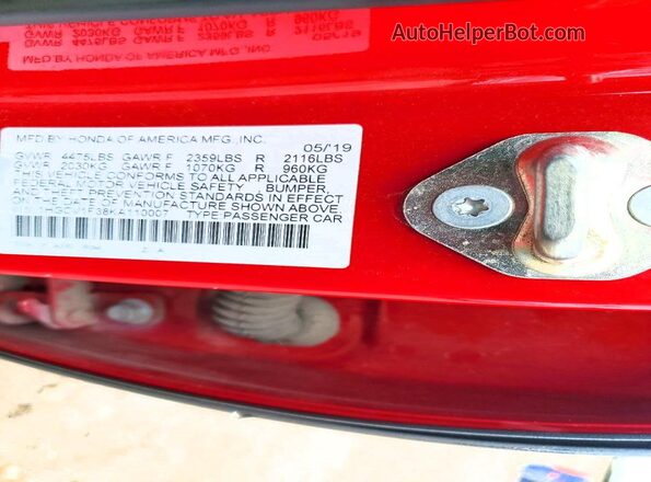 1HGCV1F38KA110007 2019 HONDA ACCORD Red სალონის 360-გრადუსიანი ხედი
