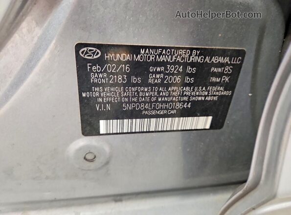 5NPD84LF0HH018644 2017 HYUNDAI ELANTRA Silver Вид наклейки з VIN-кодом