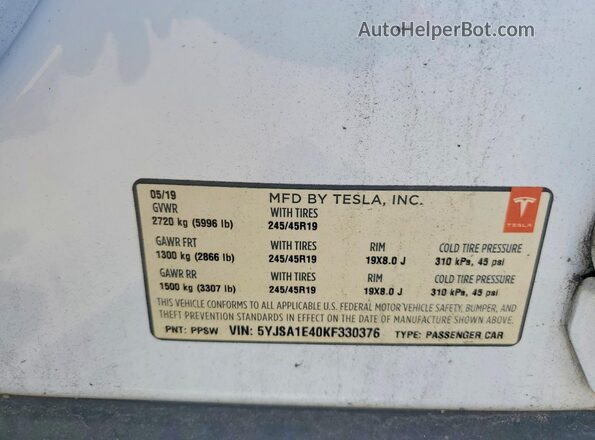 5YJSA1E40KF330376 2019 TESLA MODEL White VIN կոդի պիտակի տեսք