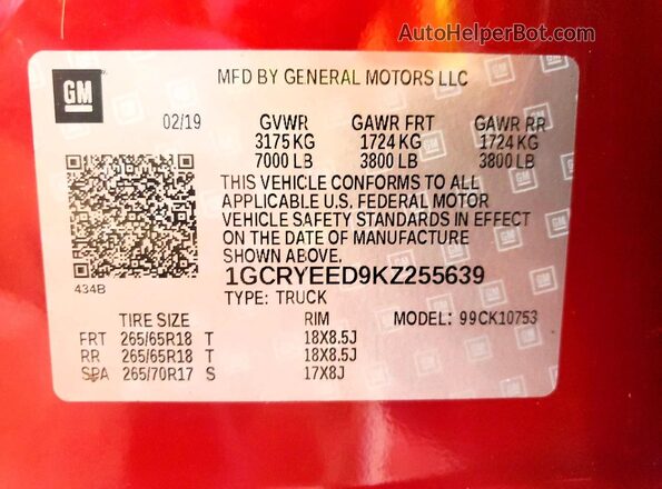 1GCRYEED9KZ255639 2019 CHEVROLET SILVERADO Red VIN կոդի պիտակի տեսք