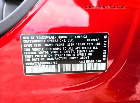 1VWAT7A35HC049750 2017 VOLKSWAGEN PASSAT Burgundy VIN sticker view
