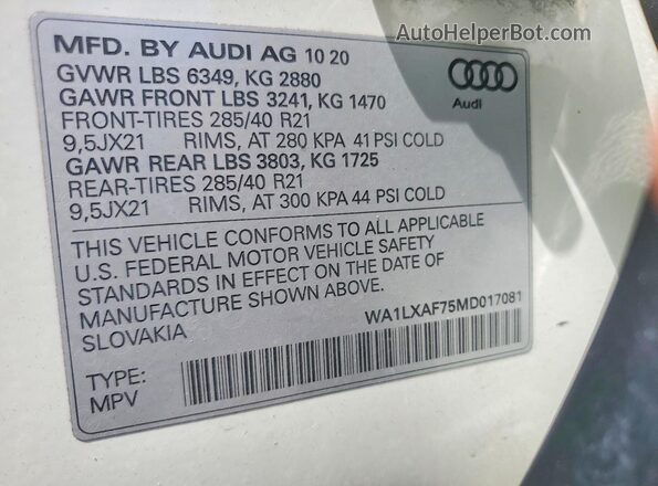 WA1LXAF75MD017081 2021 AUDI Q7 White Widok wnętrza 360 stopni