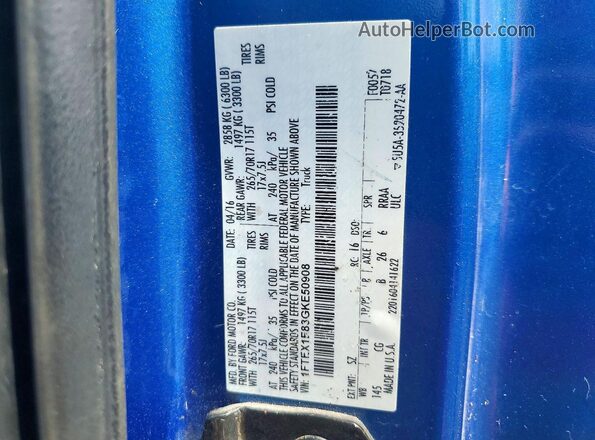 1FTEX1E83GKE50908 2016 FORD F150 Blue Vista de la etiqueta del VIN