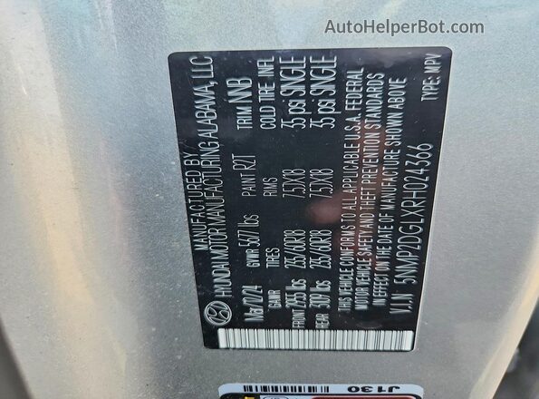 5NMP2DGLXRH024366 2024 HYUNDAI SANTA Gray VIN կոդի պիտակի տեսք