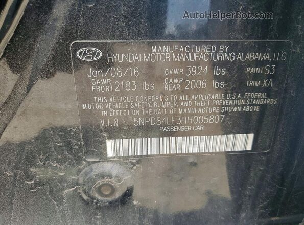 5NPD84LF3HH005807 2017 HYUNDAI ELANTRA Black VIN კოდის სტიკერის ხედი