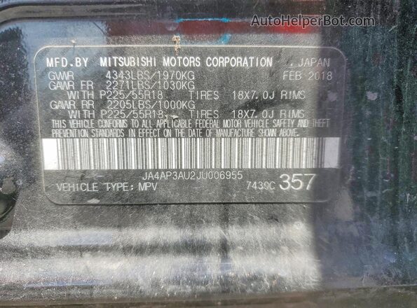 JA4AP3AU2JU006955 2018 MITSUBISHI OUTLANDER Black VIN კოდის სტიკერის ხედი