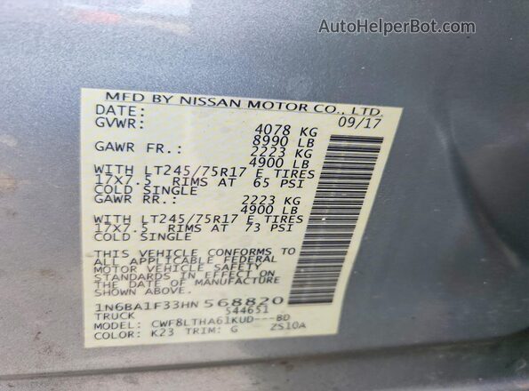1N6BA1F33HN568820 2017 NISSAN TITAN Silver VIN կոդի պիտակի տեսք