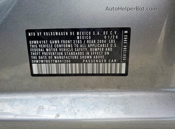 3VW7W7BU7TM041200 2026 VOLKSWAGEN JETTA Silver Vista de la etiqueta del VIN