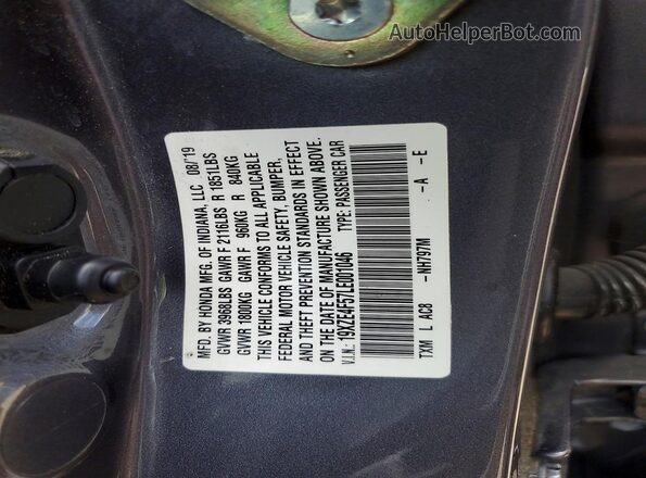 19XZE4F57LE001046 2020 HONDA INSIGHT Gray Շարժիչի բաժամունքի տեսք