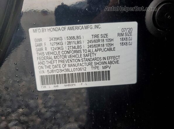 5J8YD3H38LL010612 2020 ACURA MDX Black VIN კოდის სტიკერის ხედი