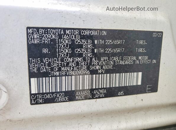 JTMW1RFV8ND090996 2022 TOYOTA RAV4 Белый Вид наклейки с VIN-кодом