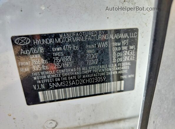 5NMS23AD2KH023059 2019 HYUNDAI SANTA White Սալոնի 360 աստիճան տեսք