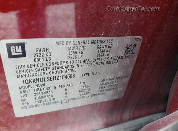 1GKKNULS6HZ184693 2017 GMC ACADIA Красный Панорамный вид салона 360°