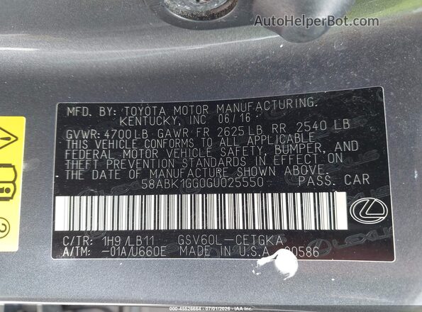 58ABK1GG0GU025550 2016 LEXUS ES 350 Gray Engine compartment view