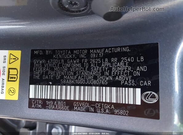 58ABK1GG0JU080765 2018 LEXUS ES 350 Gray Вид підкапотного простору
