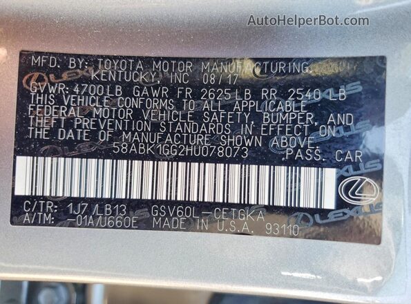 58ABK1GG2HU078073 2017 LEXUS ES Silver Vista del compartimento del motor