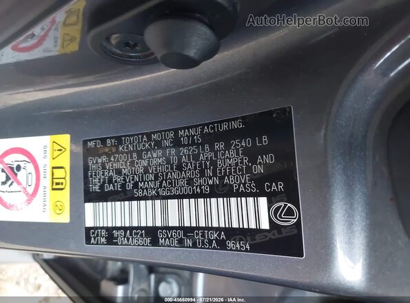 58ABK1GG3GU001419 2016 LEXUS ES 350 Серый Вид подкапотного пространства
