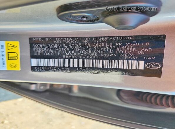 58ABK1GG3GU005325 2016 LEXUS ES Серебряный Вид наклейки с VIN-кодом