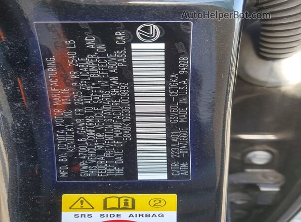 58ABK1GG3GU009892 2016 LEXUS ES Black Widok naklejki z numerem VIN