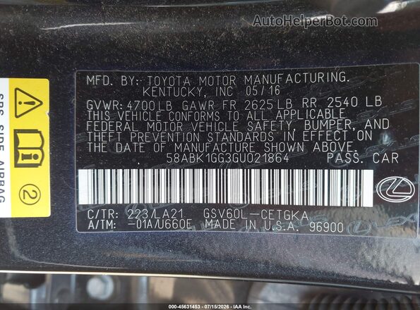 58ABK1GG3GU021864 2016 LEXUS ES 350 Black Շարժիչի բաժամունքի տեսք