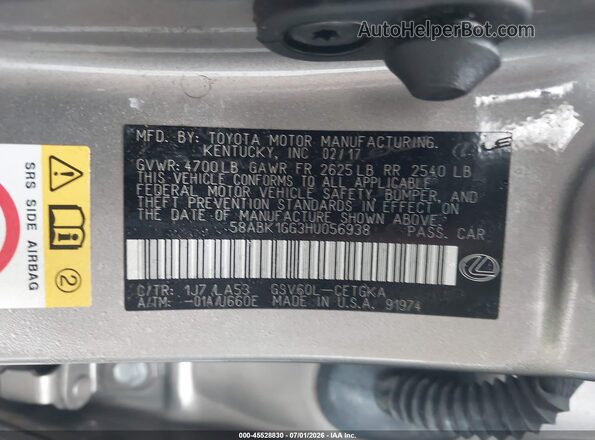 58ABK1GG3HU056938 2017 LEXUS ES 350 Beige Widok komory silnika