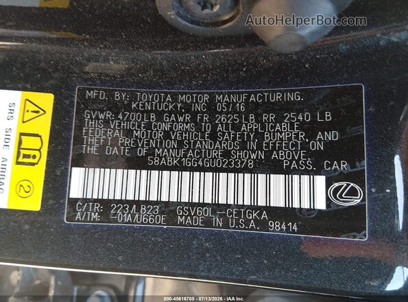 58ABK1GG4GU023378 2016 LEXUS ES 350 Black Vista del compartimento del motor