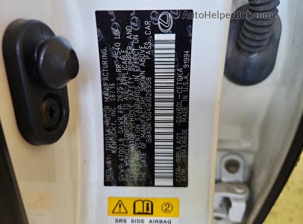 58ABK1GG4GU026958 2016 LEXUS ES White Вид наклейки з VIN-кодом