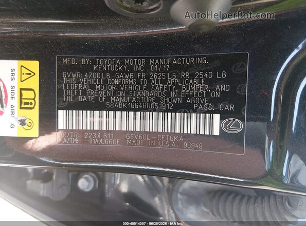 58ABK1GG4HU051912 2017 LEXUS ES 350 Black Շարժիչի բաժամունքի տեսք