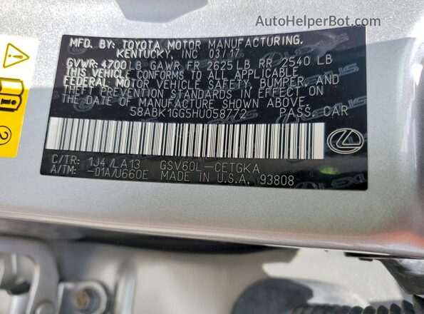 58ABK1GG5HU058772 2017 LEXUS ES Silver Вид підкапотного простору
