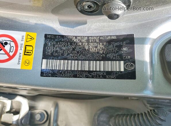 58ABK1GG6GU007909 2016 LEXUS ES Silver Vista del compartimento del motor