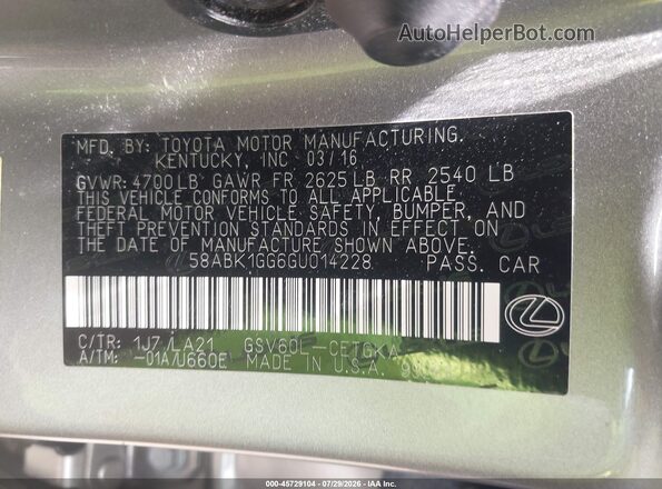58ABK1GG6GU014228 2016 LEXUS ES 350 Gold Engine compartment view