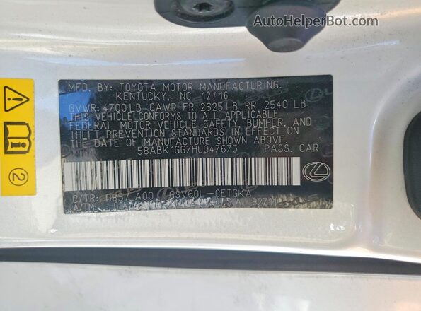 58ABK1GG7HU047675 2017 LEXUS ES White VIN კოდის სტიკერის ხედი