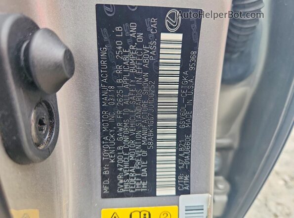 58ABK1GG7JU100252 2018 LEXUS ES Silver Вид наклейки з VIN-кодом