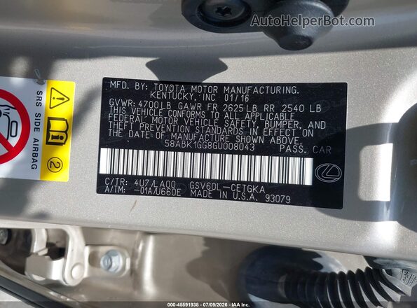 58ABK1GG8GU008043 2016 LEXUS ES 350 Champagne Vista del compartimento del motor