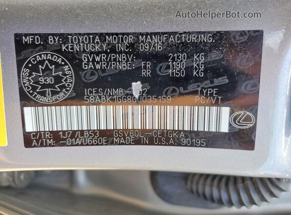58ABK1GG8GU035159 2016 LEXUS ES Silver Vista del compartimento del motor