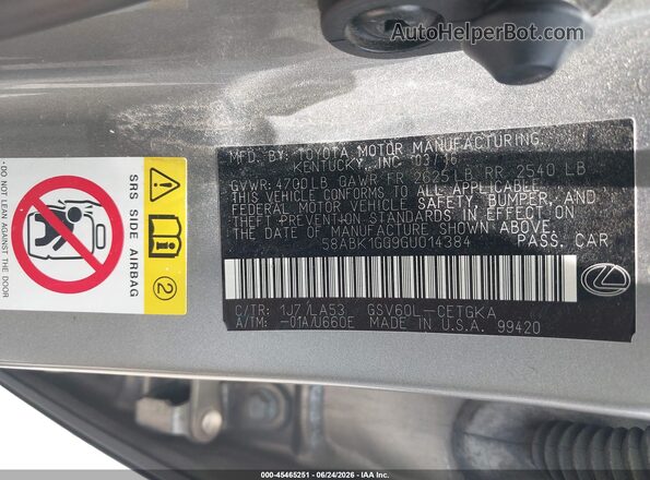 58ABK1GG9GU014384 2016 LEXUS ES 350 Silver Вид підкапотного простору