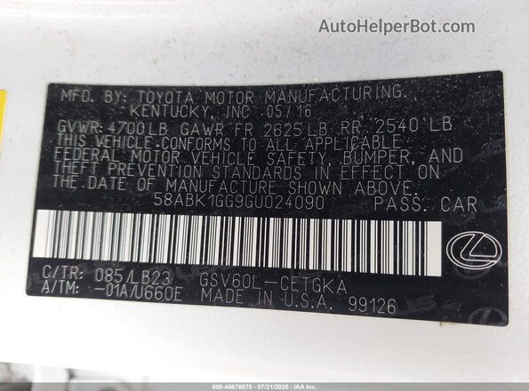 58ABK1GG9GU024090 2016 LEXUS ES 350 White Вид підкапотного простору