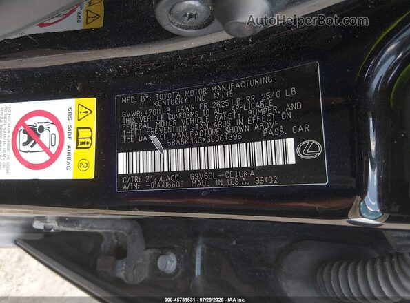 58ABK1GGXGU004396 2016 LEXUS ES 350 Black Vista del compartimento del motor