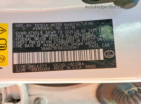 58ABZ1B10KU026947 2019 LEXUS ES White ძრავის განყოფილების ხედი