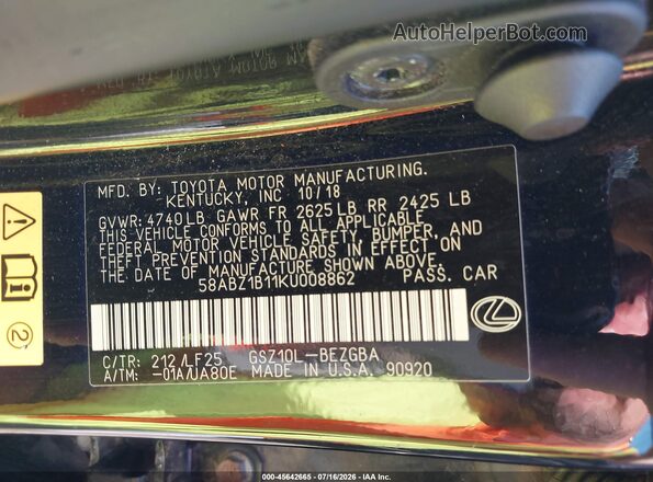 58ABZ1B11KU008862 2019 LEXUS ES 350 Black Vista del compartimento del motor