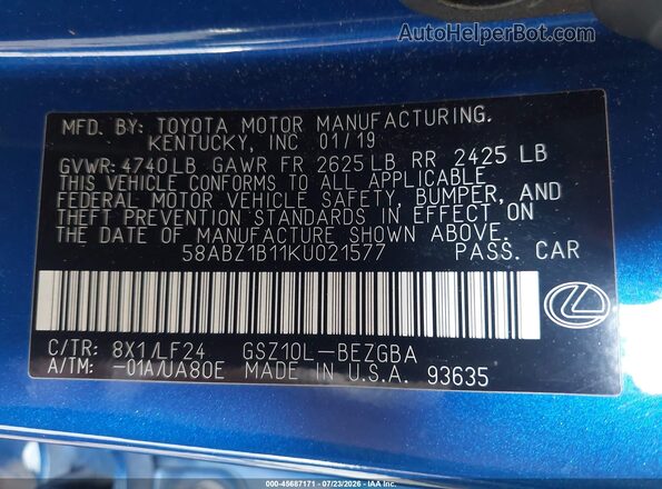 58ABZ1B11KU021577 2019 LEXUS ES 350 Синий Вид подкапотного пространства