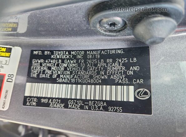 58ABZ1B11KU048004 2019 LEXUS ES Gray ძრავის განყოფილების ხედი