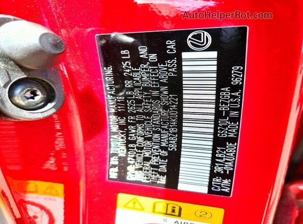 58ABZ1B14KU014221 2019 LEXUS ES Red Engine compartment view