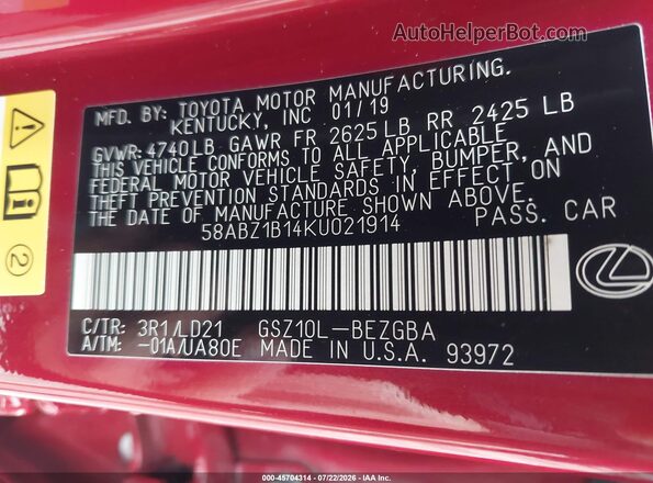 58ABZ1B14KU021914 2019 LEXUS ES 350 Red Engine compartment view