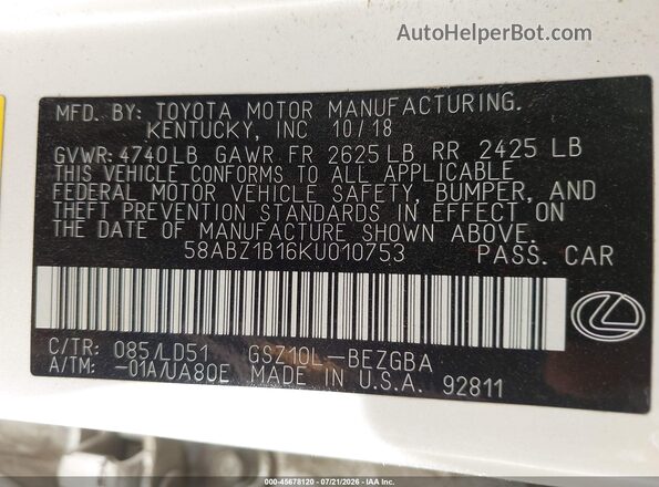 58ABZ1B16KU010753 2019 LEXUS ES 350 Белый Вид подкапотного пространства