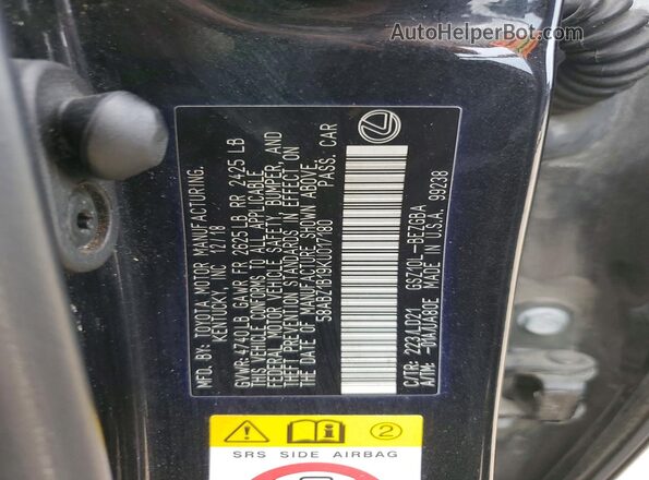58ABZ1B19KU017180 2019 LEXUS ES Black VIN sticker view