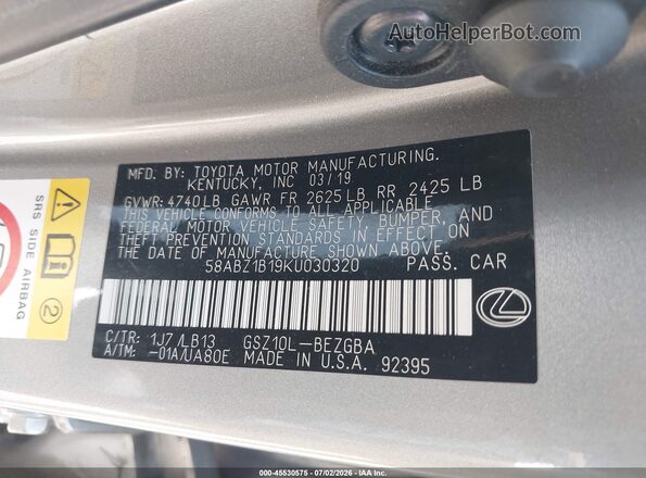 58ABZ1B19KU030320 2019 LEXUS ES 350 Tan Вид підкапотного простору