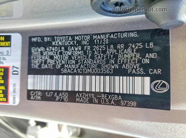 58ACA1C13MU003563 2021 LEXUS ES Silver VIN კოდის სტიკერის ხედი