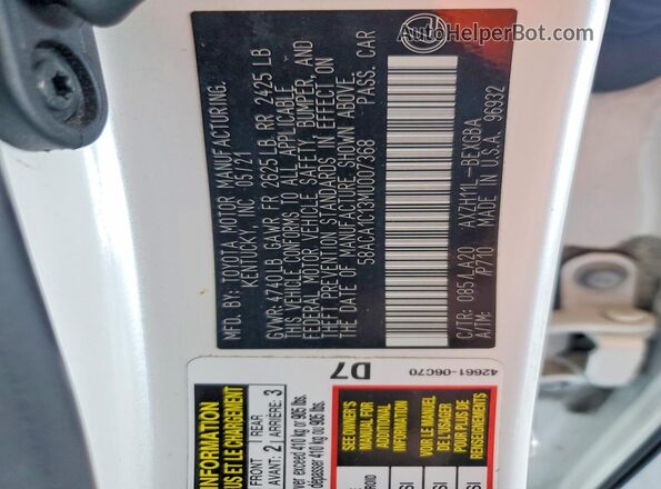 58ACA1C13MU007368 2021 LEXUS ES Белый Вид наклейки с VIN-кодом