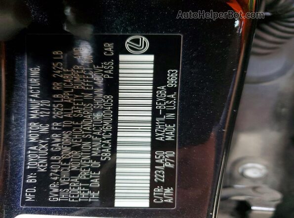 58ACA1C16MU004058 2021 LEXUS ES Черный Вид наклейки с VIN-кодом